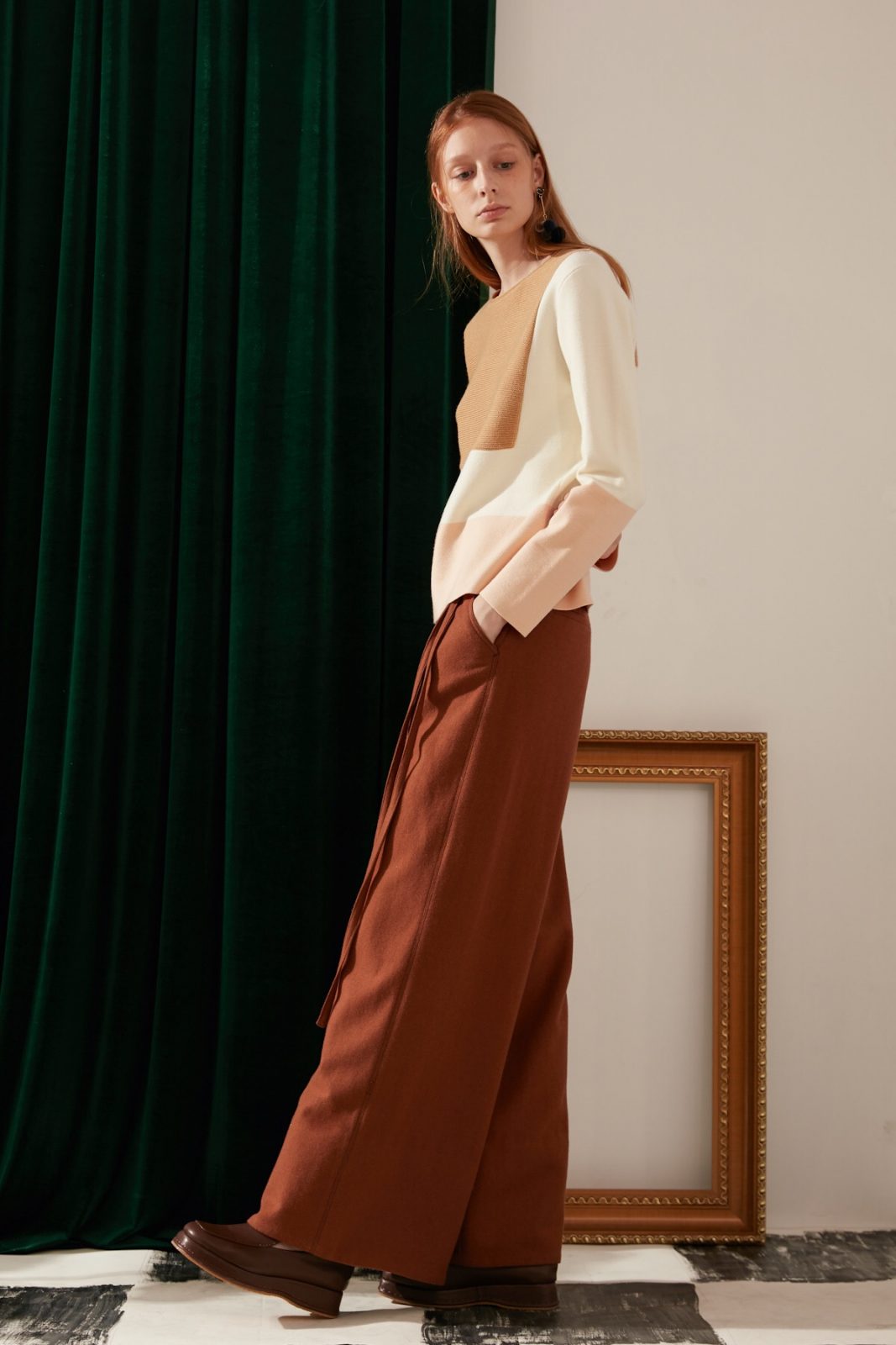 SKYE modern minimalist women fashion long wool wide legged pants with tie belt brown 3