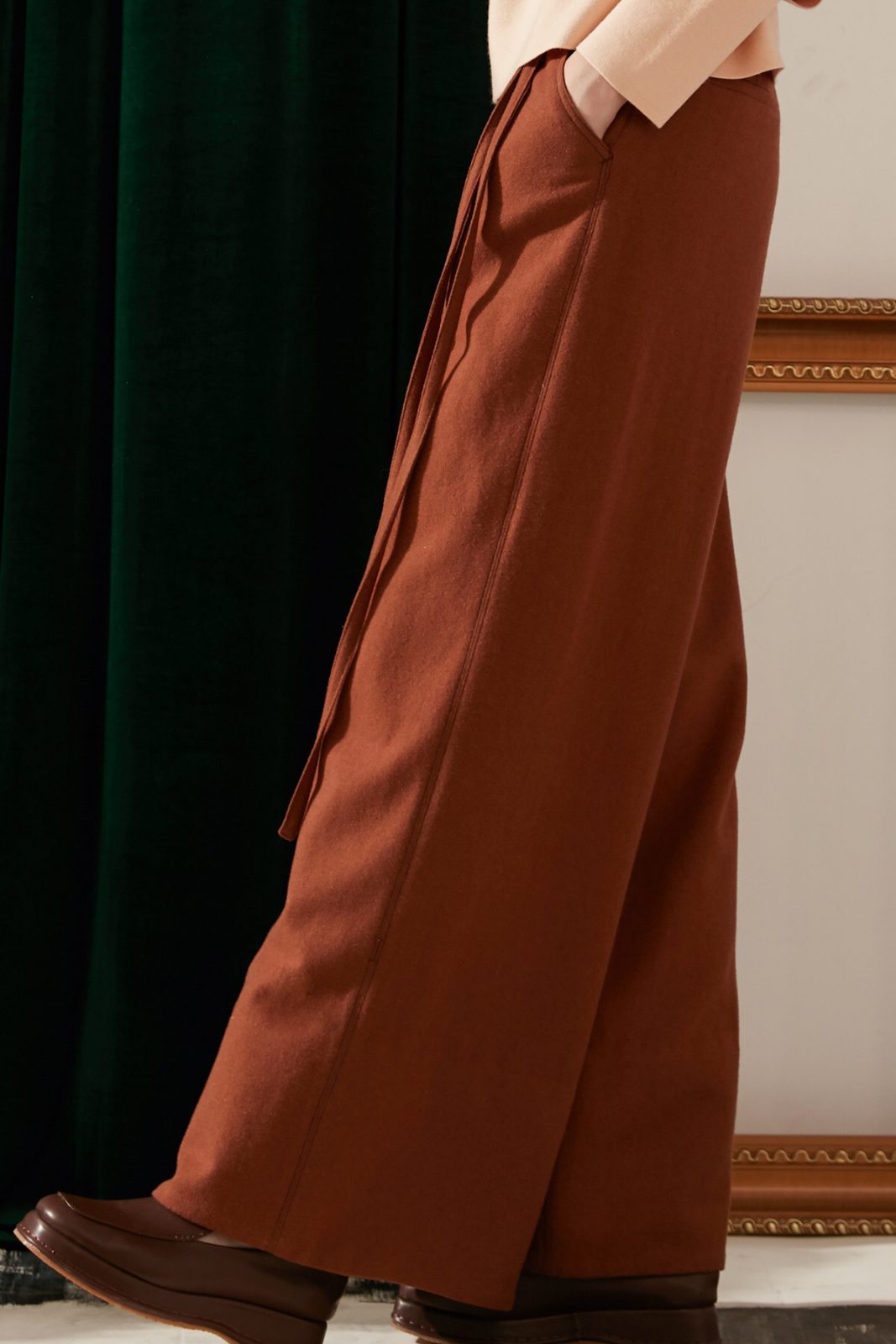 SKYE modern minimalist women fashion long wool wide legged pants with tie belt brown 5
