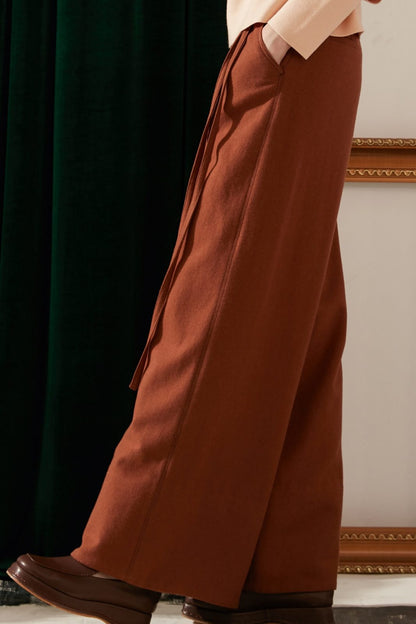 SKYE modern minimalist women fashion long wool wide legged pants with tie belt brown 5