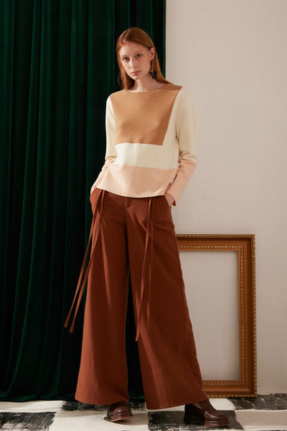 SKYE modern minimalist women fashion long wool wide legged pants with tie belt brown 6