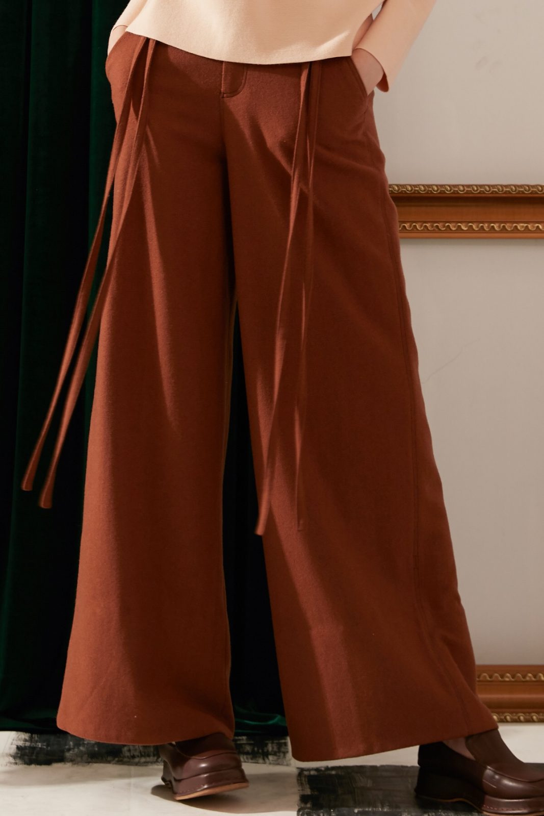 SKYE modern minimalist women fashion long wool wide legged pants with tie belt brown 7