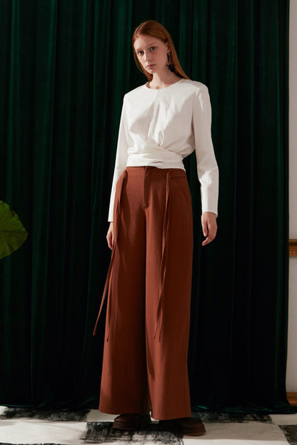 SKYE modern minimalist women fashion long wool wide legged pants with tie belt brown