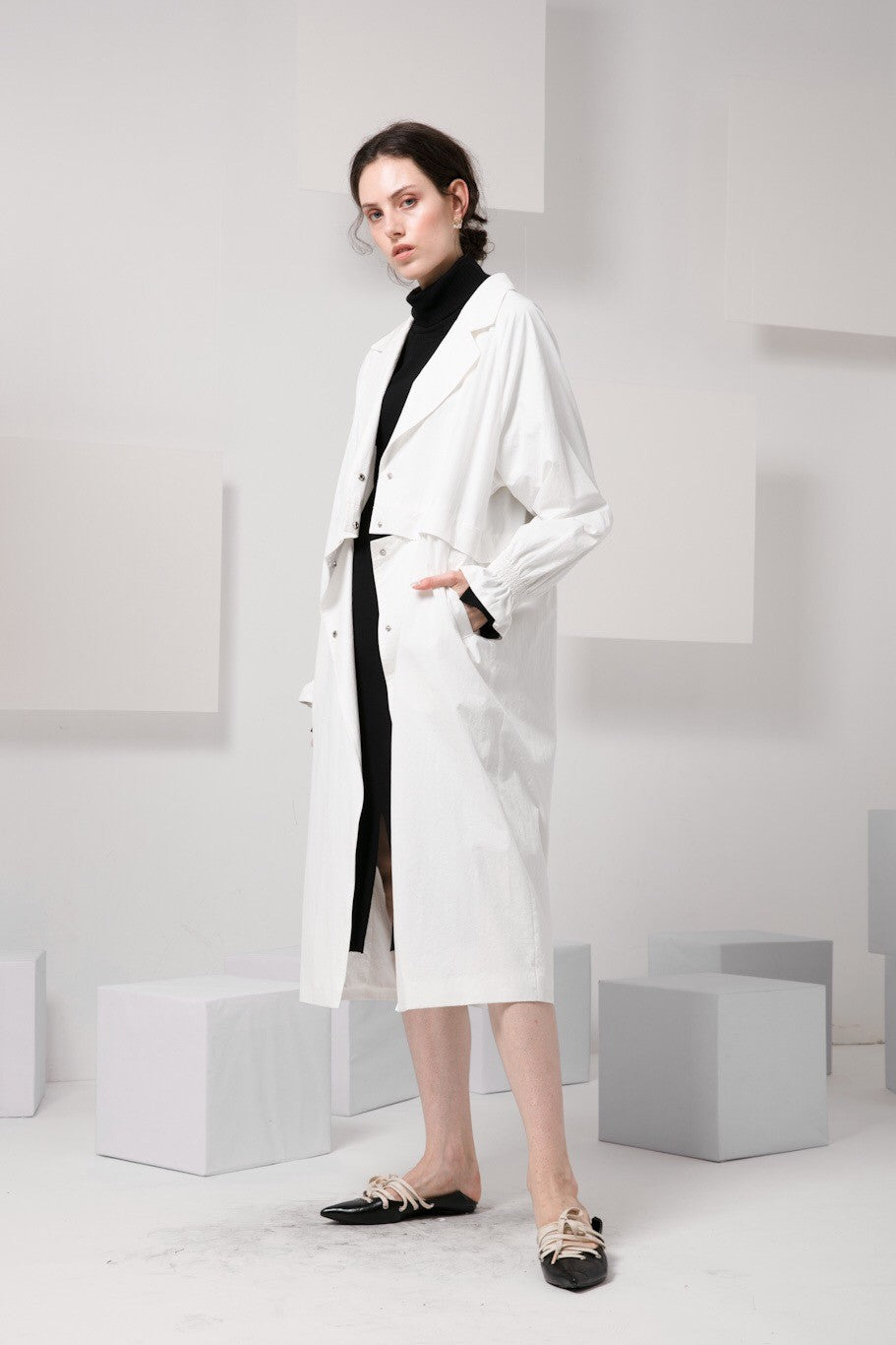 Skye minimalist modern women fashion convertible trench coat frill sleeves luxe fw 2018