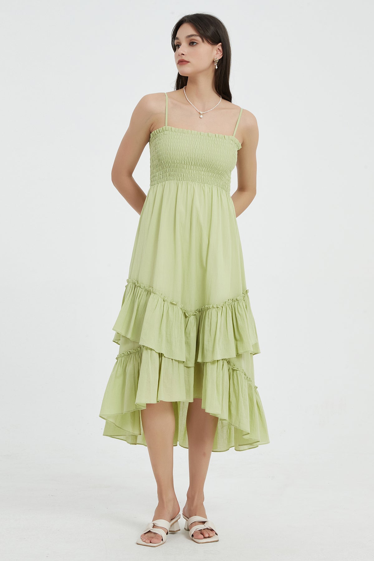 Sophie Smocked Tiered High Low Midi Dress Green2