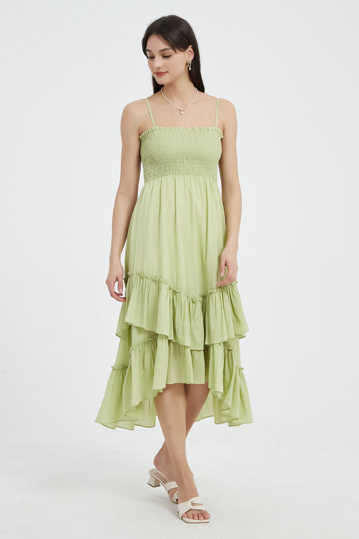 Sophie Smocked Tiered High Low Midi Dress Green3