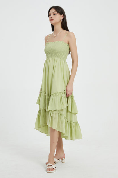 Sophie Smocked Tiered High Low Midi Dress Green4