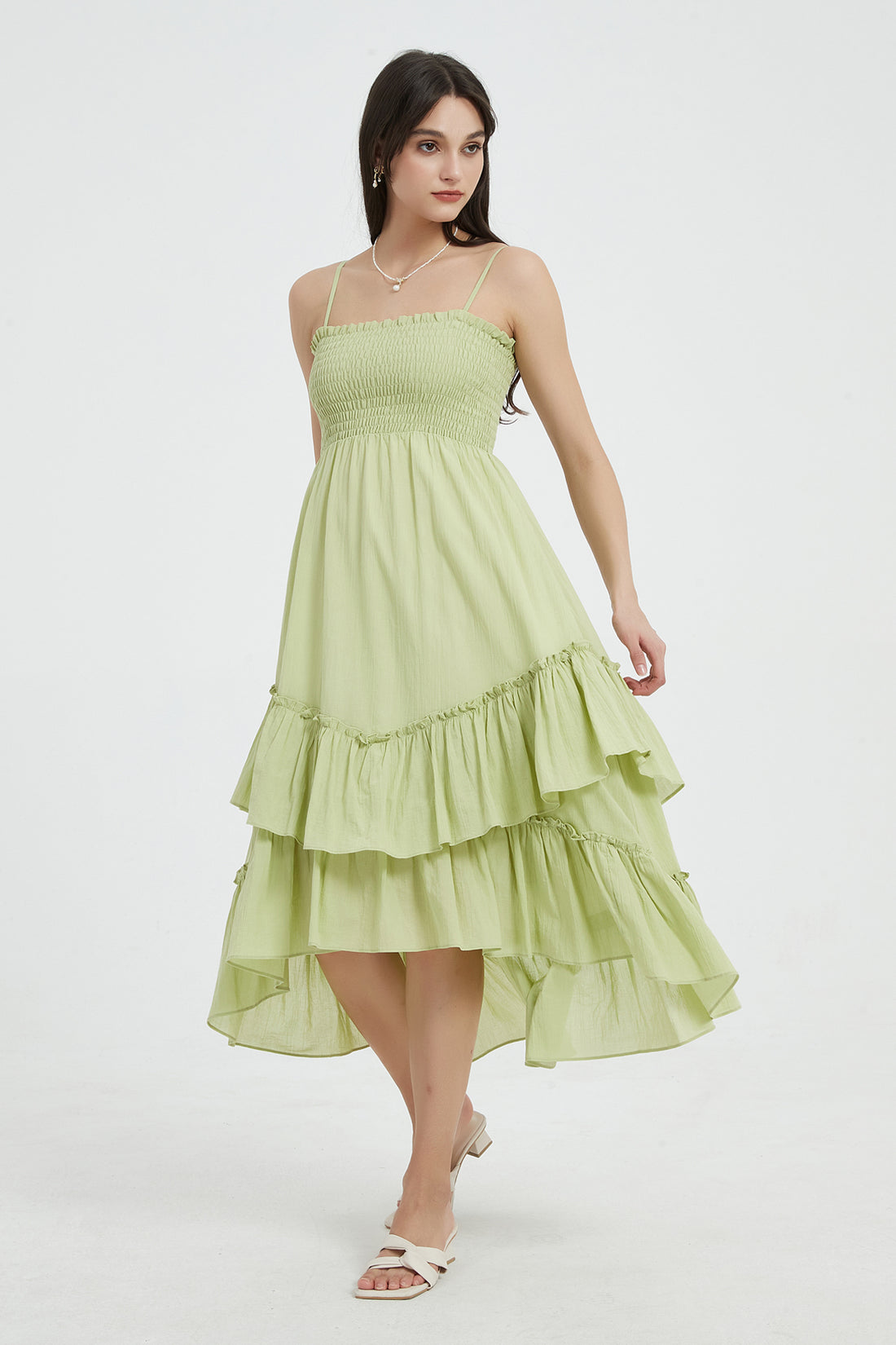 Sophie Smocked Tiered High Low Midi Dress Green5