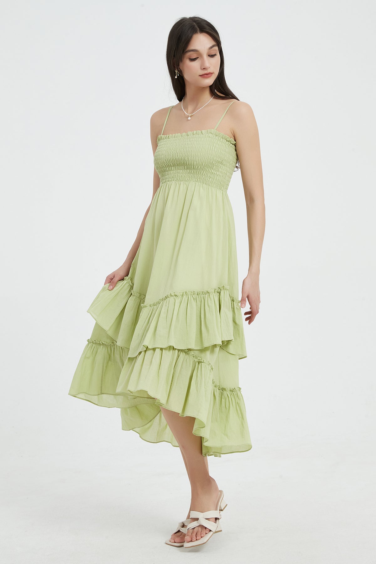 Sophie Smocked Tiered High Low Midi Dress Green6