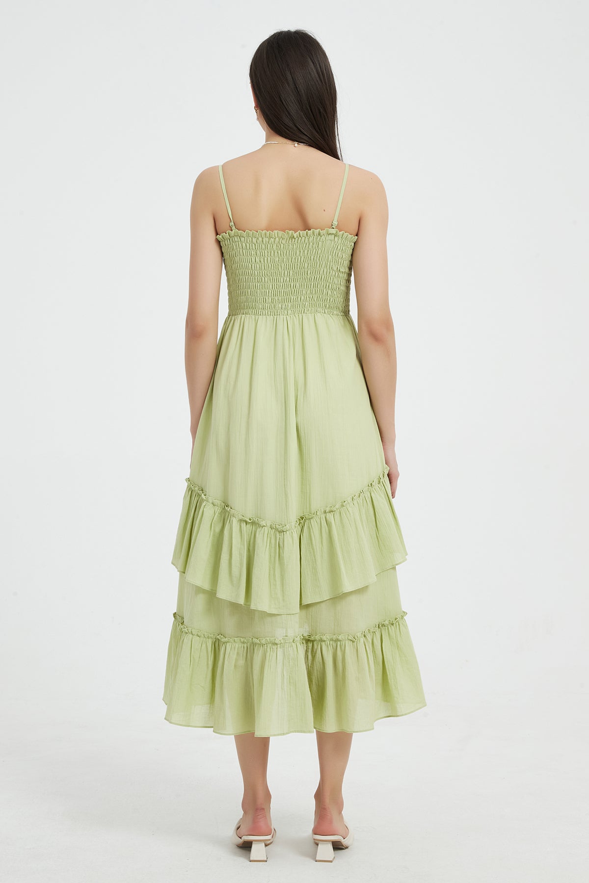 Sophie Smocked Tiered High Low Midi Dress Green7