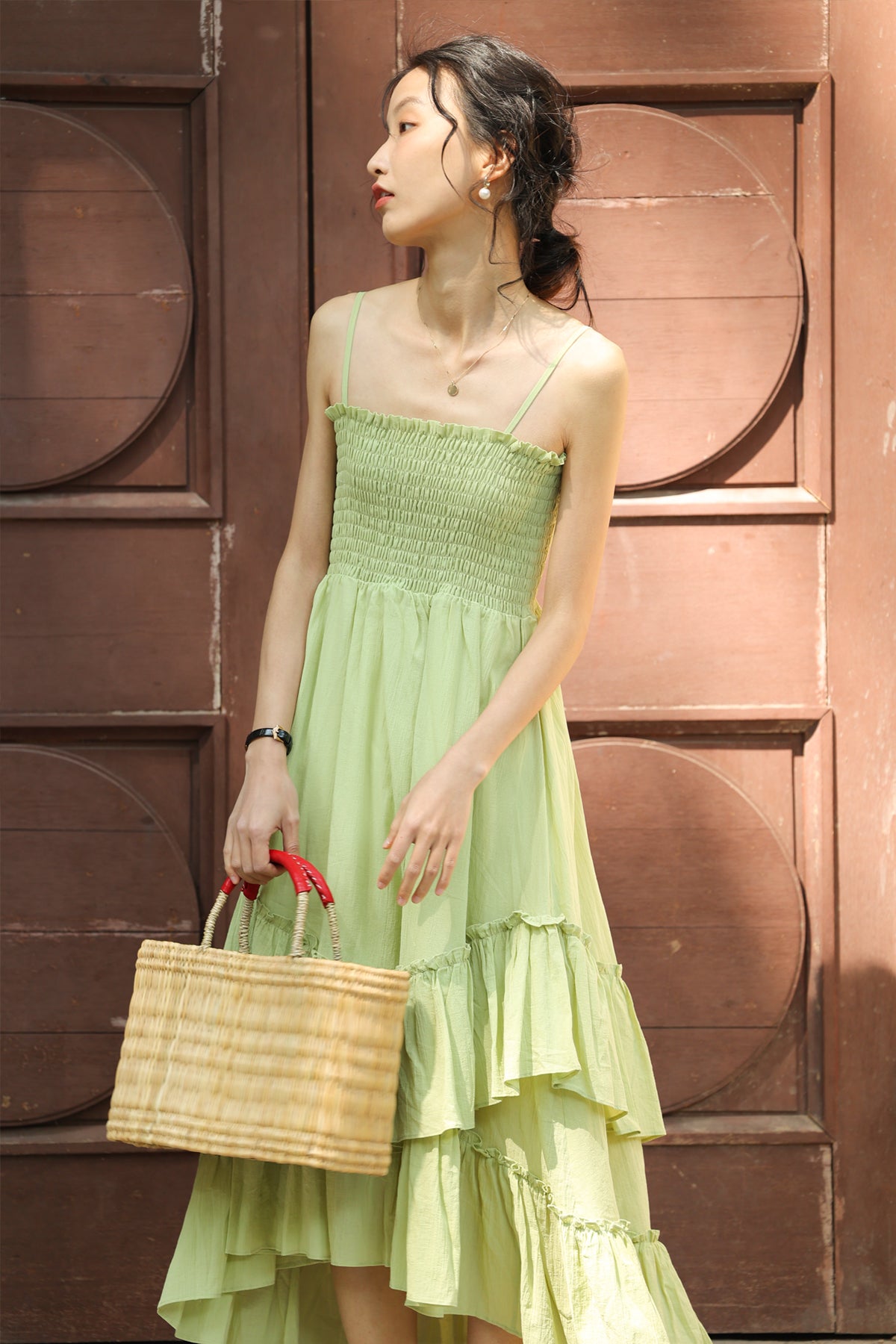 Sophie Smocked Tiered High Low Midi Dress Green9